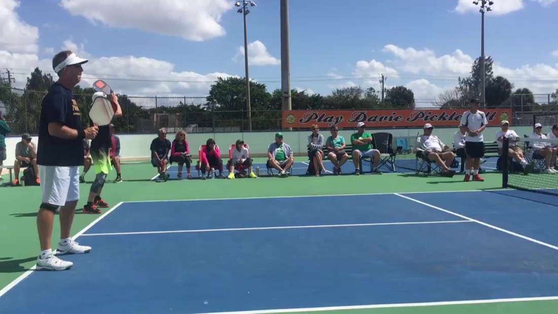 Steve Kennedy teaching a packed pickleball clinic at Bamford Park in Davie, Florida